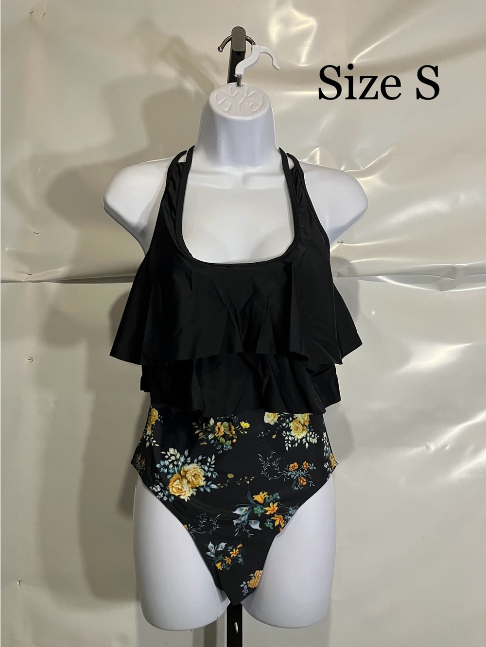 RELLECIGA Black Ruffle One-Piece Swimsuit with Yellow Floral Print